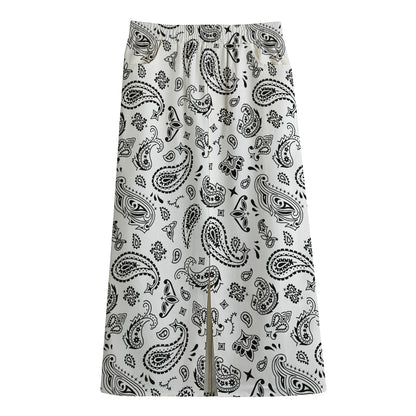 White Paisley Bandana Pattern Print Cotton Front Slit Maxi Skirt