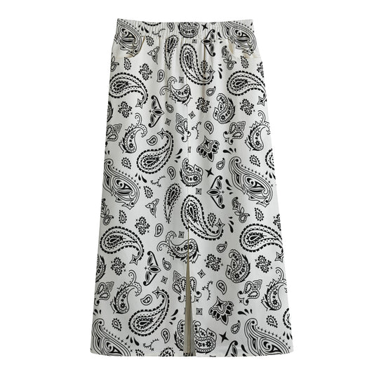 White Paisley Bandana Pattern Print Cotton Front Slit Maxi Skirt