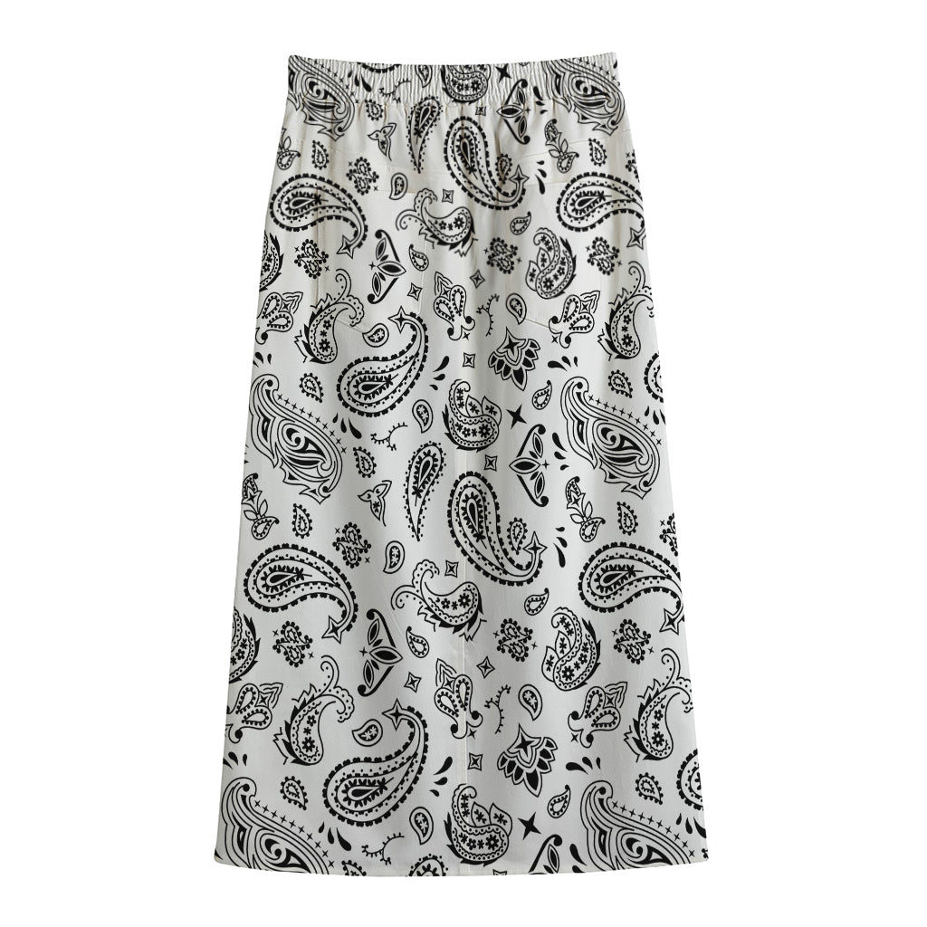 White Paisley Bandana Pattern Print Cotton Front Slit Maxi Skirt