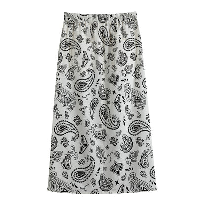 White Paisley Bandana Pattern Print Cotton Front Slit Maxi Skirt