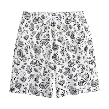 White Paisley Bandana Pattern Print Cotton Shorts