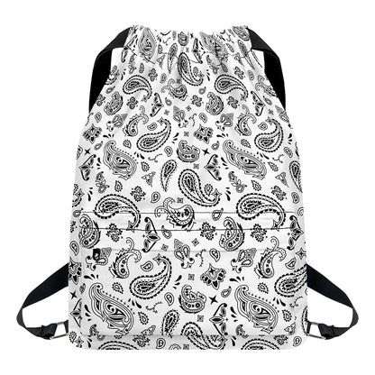 White Paisley Bandana Pattern Print Drawstring Backpack