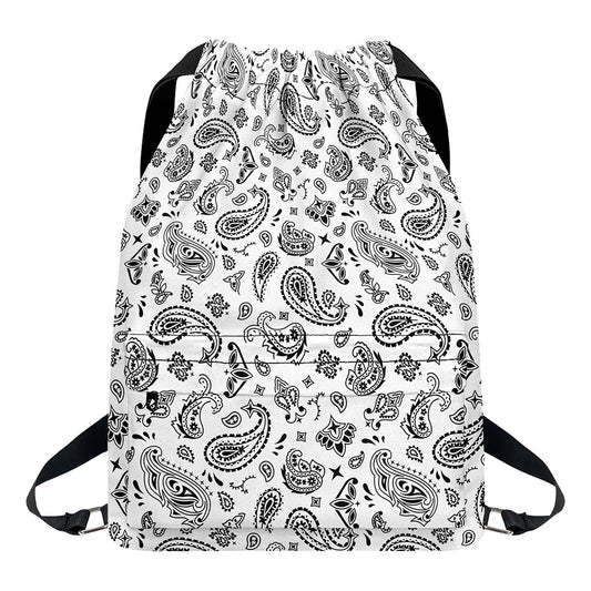 White Paisley Bandana Pattern Print Drawstring Backpack