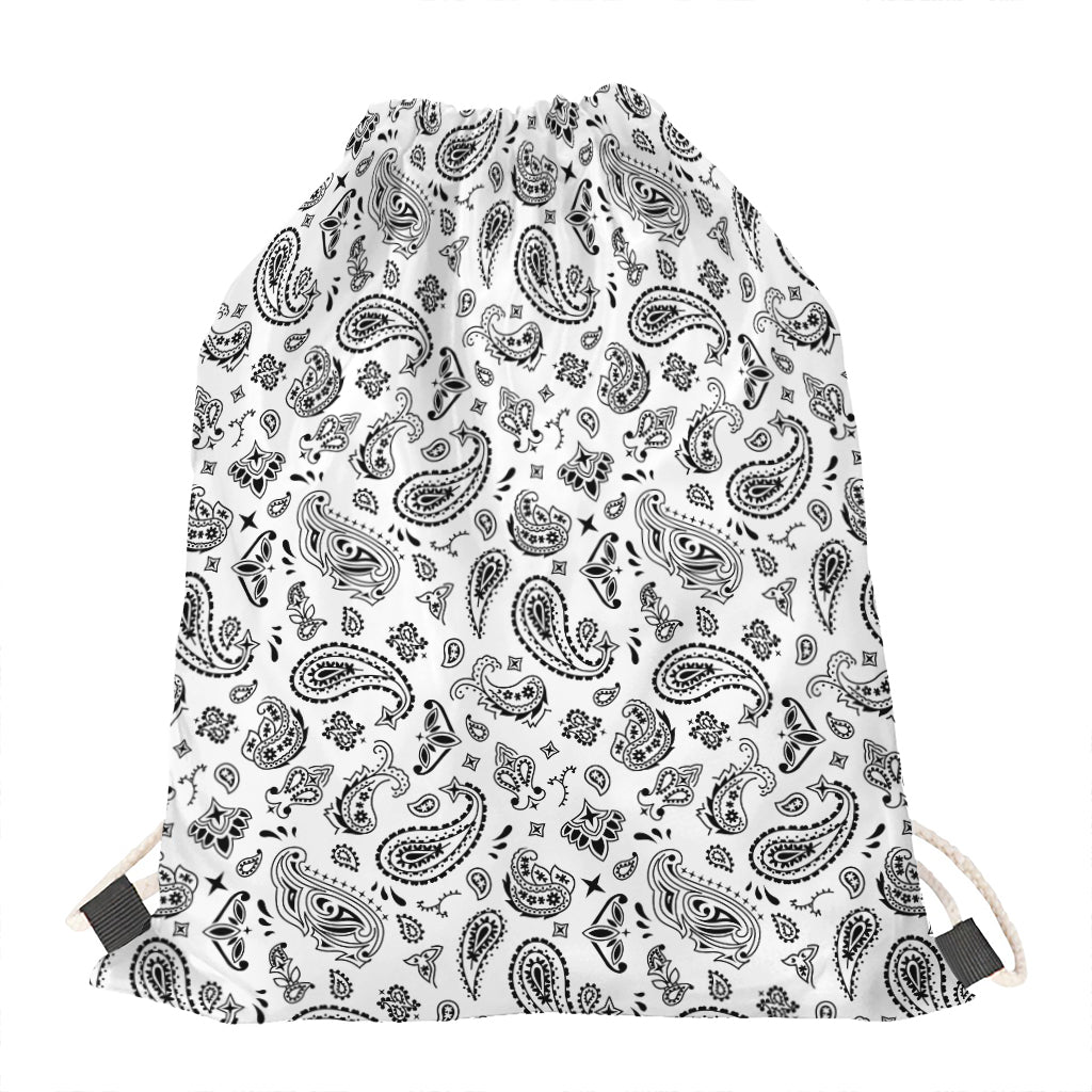 White Paisley Bandana Pattern Print Drawstring Bag