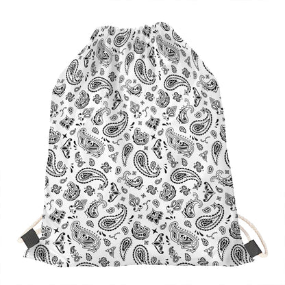 White Paisley Bandana Pattern Print Drawstring Bag