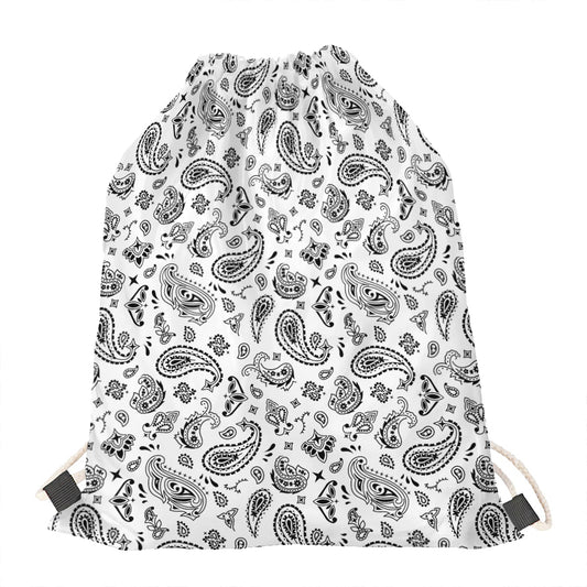 White Paisley Bandana Pattern Print Drawstring Bag