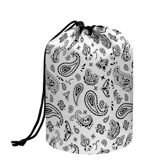 White Paisley Bandana Pattern Print Drawstring Makeup Bag