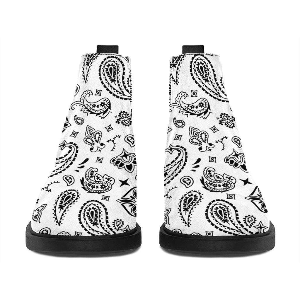 White Paisley Bandana Pattern Print Flat Ankle Boots