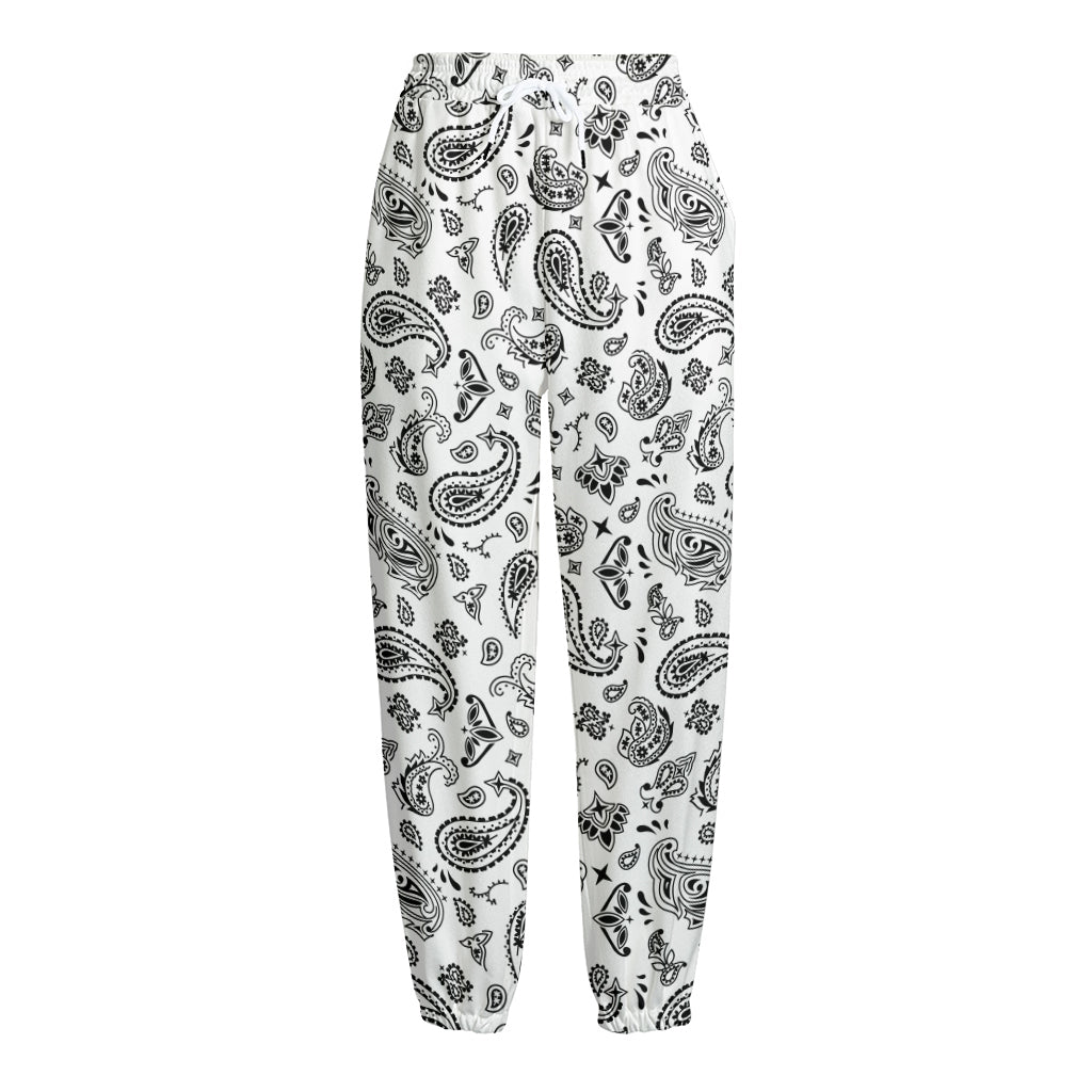 White Paisley Bandana Pattern Print Fleece Lined Knit Pants