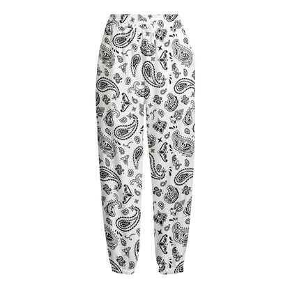 White Paisley Bandana Pattern Print Fleece Lined Knit Pants