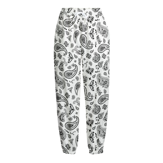 White Paisley Bandana Pattern Print Fleece Lined Knit Pants
