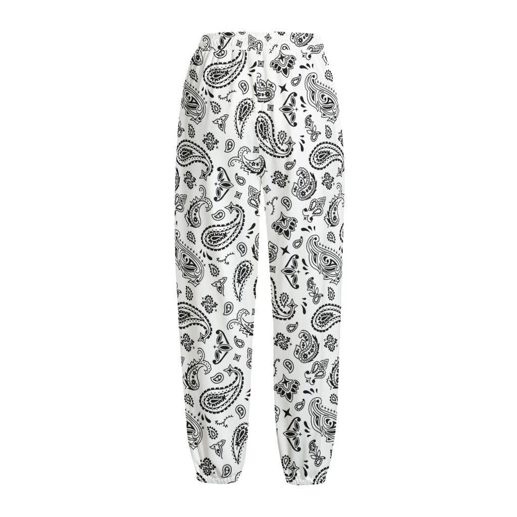 White Paisley Bandana Pattern Print Fleece Lined Knit Pants