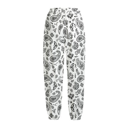 White Paisley Bandana Pattern Print Fleece Lined Knit Pants