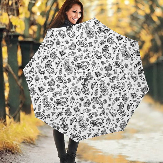 White Paisley Bandana Pattern Print Foldable Umbrella