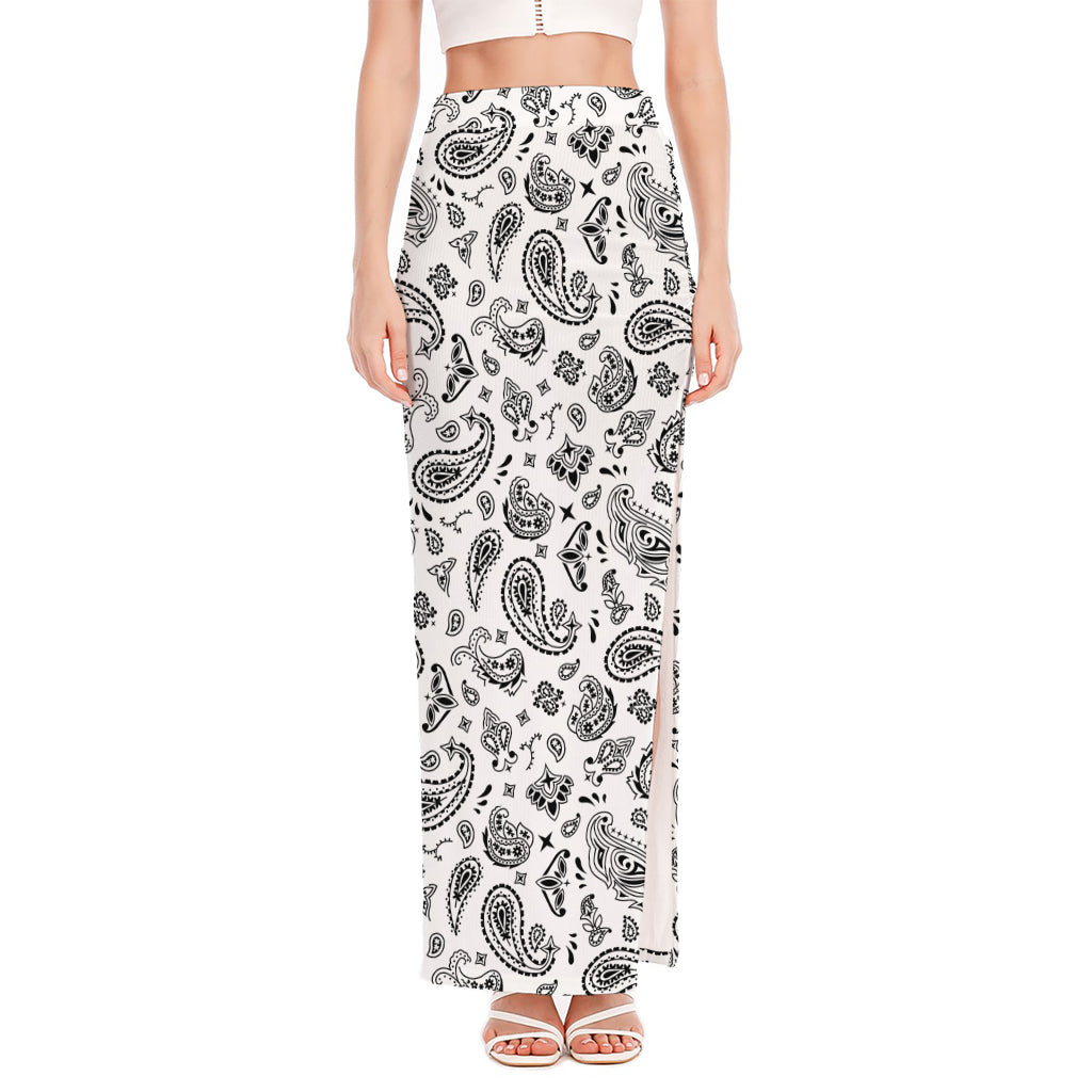White Paisley Bandana Pattern Print High Slit Maxi Skirt