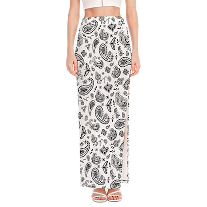 White Paisley Bandana Pattern Print High Slit Maxi Skirt