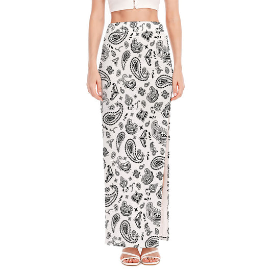 White Paisley Bandana Pattern Print High Slit Maxi Skirt