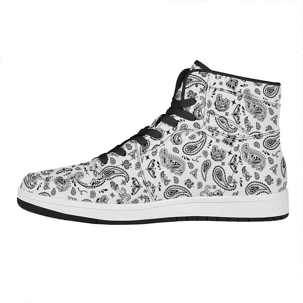 White Paisley Bandana Pattern Print High Top Leather Sneakers