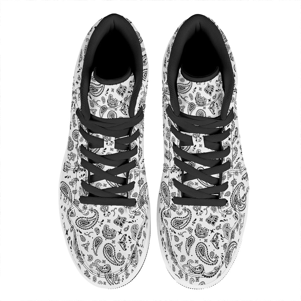 White Paisley Bandana Pattern Print High Top Leather Sneakers