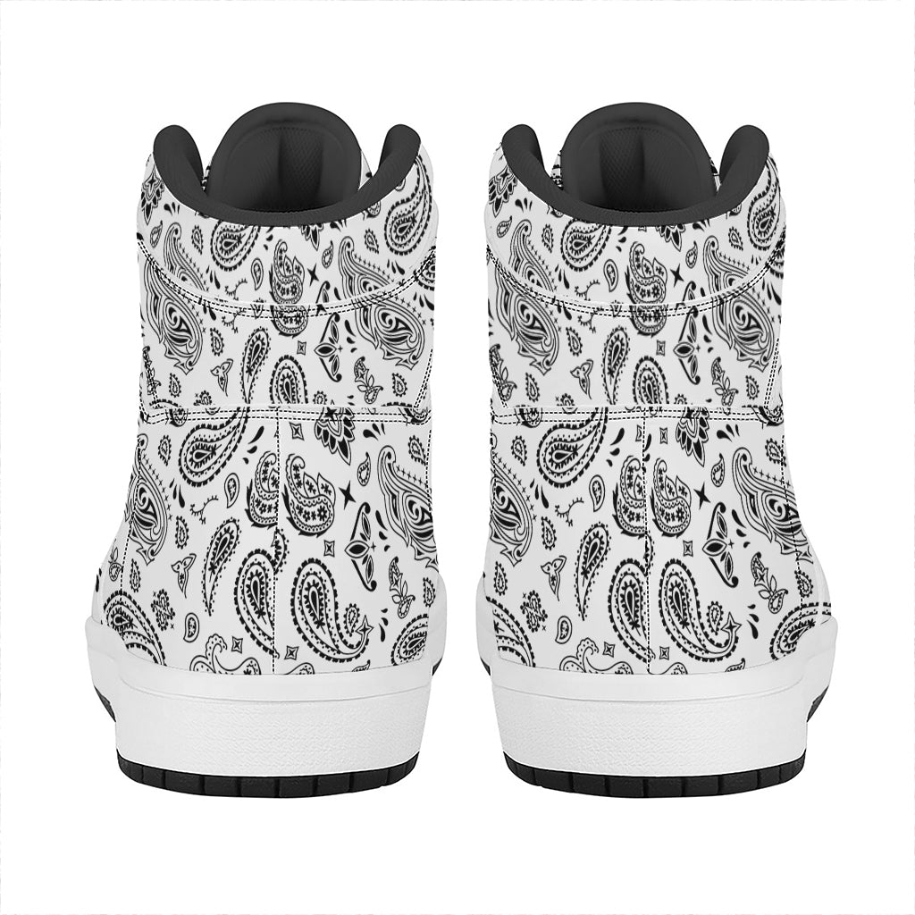 White Paisley Bandana Pattern Print High Top Leather Sneakers