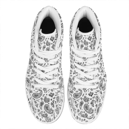 White Paisley Bandana Pattern Print High Top Leather Sneakers