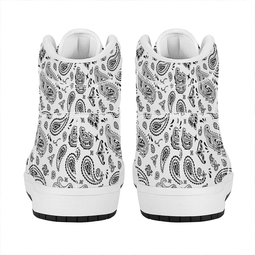 White Paisley Bandana Pattern Print High Top Leather Sneakers