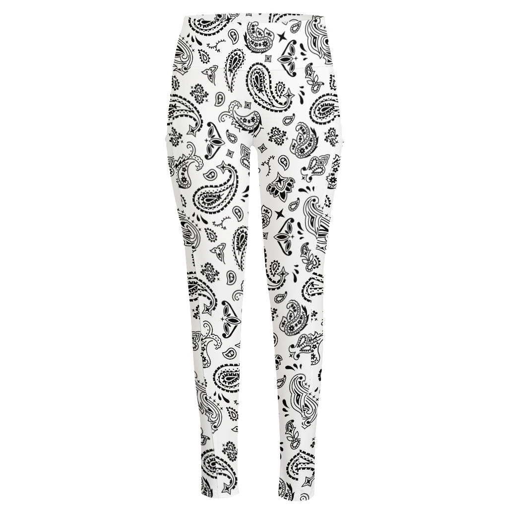 White Paisley Bandana Pattern Print High-Waisted Pocket Leggings