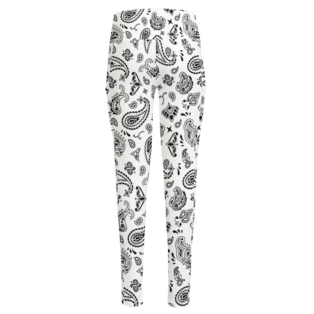 White Paisley Bandana Pattern Print High-Waisted Pocket Leggings