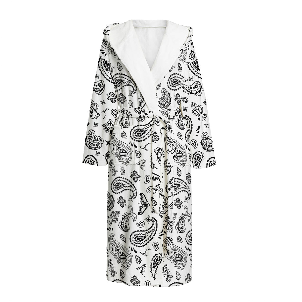 White Paisley Bandana Pattern Print Hooded Bathrobe