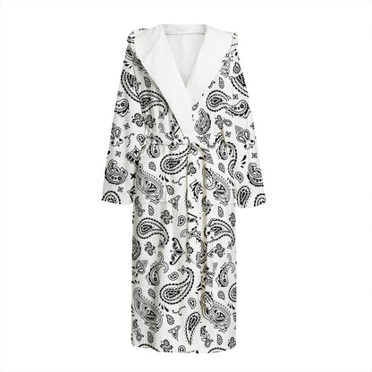 White Paisley Bandana Pattern Print Hooded Bathrobe
