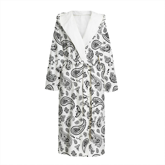 White Paisley Bandana Pattern Print Hooded Bathrobe