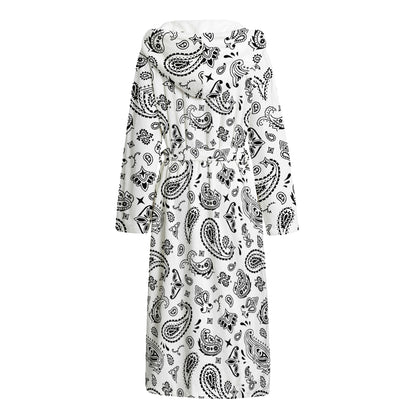 White Paisley Bandana Pattern Print Hooded Bathrobe