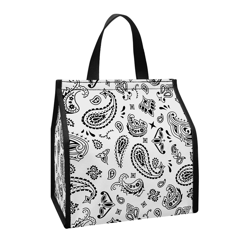 White Paisley Bandana Pattern Print Insulated Lunch Tote