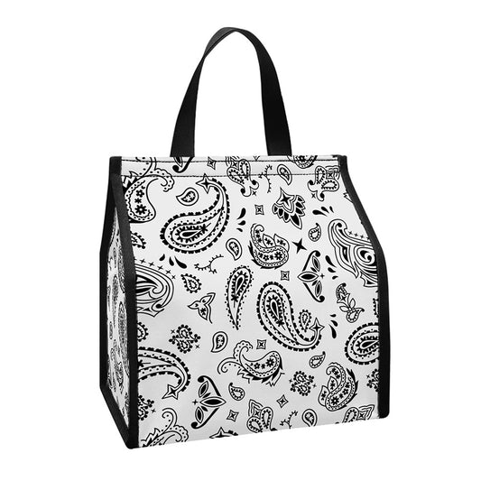 White Paisley Bandana Pattern Print Insulated Lunch Tote