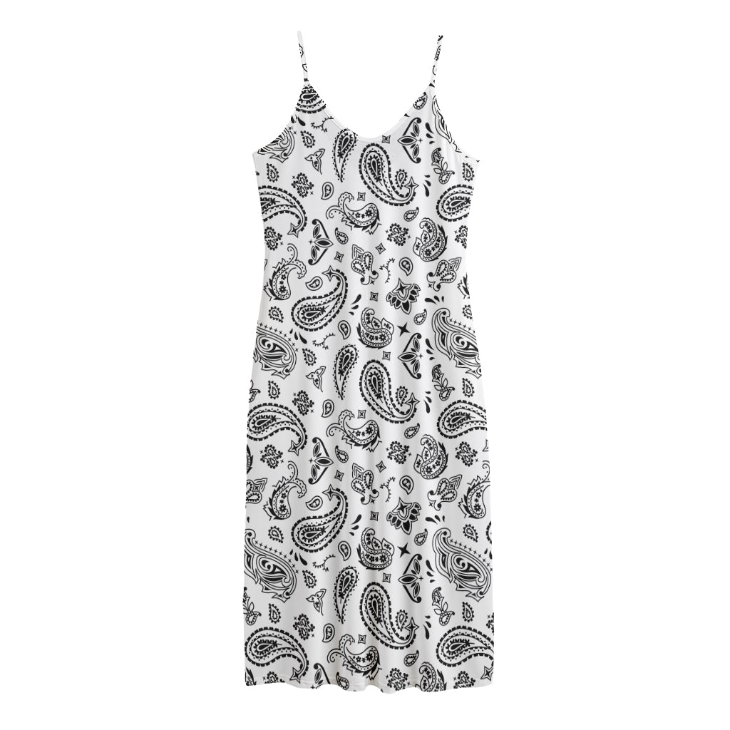 White Paisley Bandana Pattern Print Jersey Midi Cami Dress