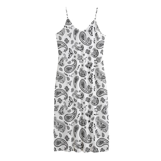 White Paisley Bandana Pattern Print Jersey Midi Cami Dress