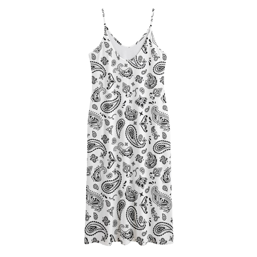 White Paisley Bandana Pattern Print Jersey Midi Cami Dress