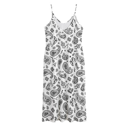 White Paisley Bandana Pattern Print Jersey Midi Cami Dress