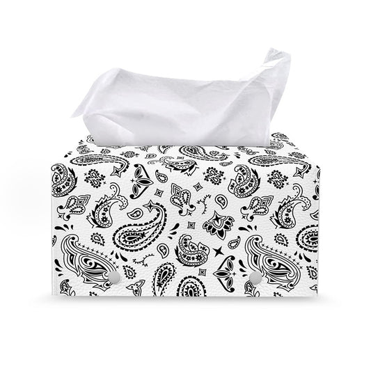 White Paisley Bandana Pattern Print Leather Tissue Box Cover
