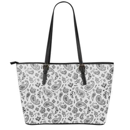 White Paisley Bandana Pattern Print Leather Tote Bag
