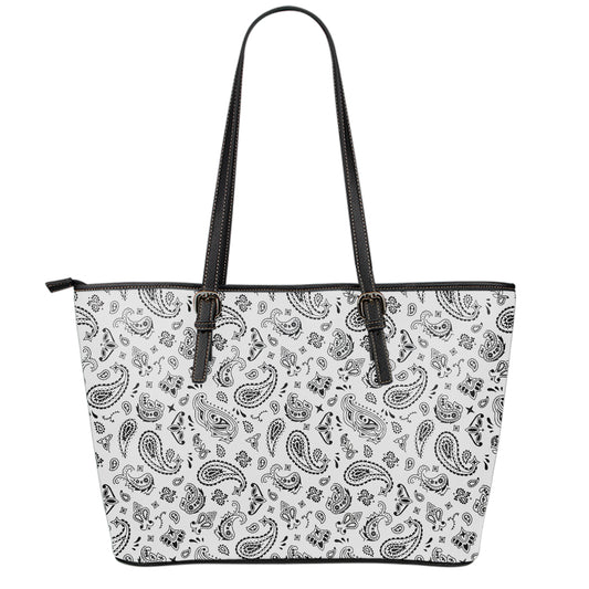 White Paisley Bandana Pattern Print Leather Tote Bag