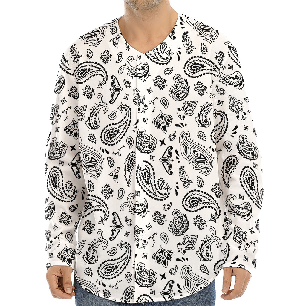 White Paisley Bandana Pattern Print Long Sleeve Baseball Jersey