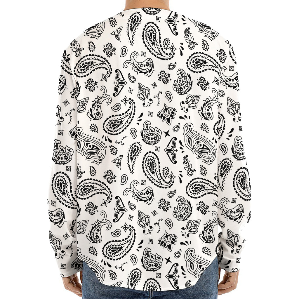 White Paisley Bandana Pattern Print Long Sleeve Baseball Jersey