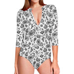 White Paisley Bandana Pattern Print Long Sleeve Swimsuit