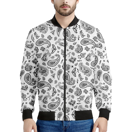 White Paisley Bandana Pattern Print Men's Bomber Jacket