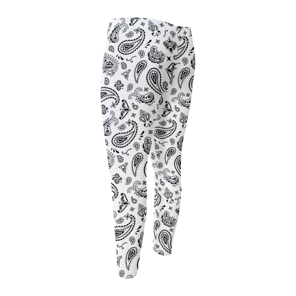White Paisley Bandana Pattern Print Men's Compression Pants