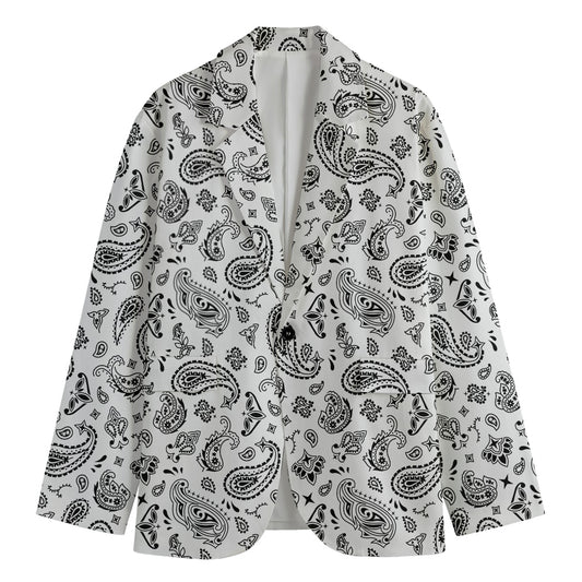 White Paisley Bandana Pattern Print Men's Cotton Blazer