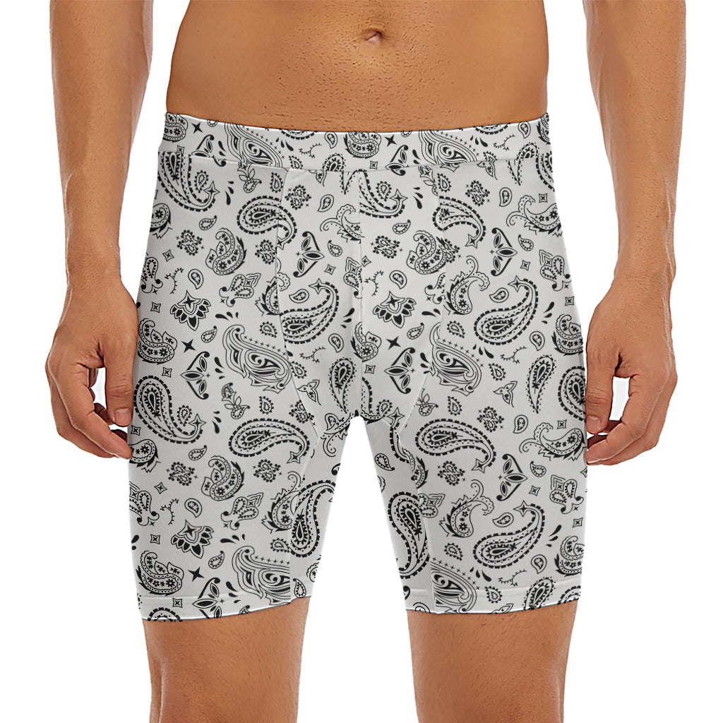 White Paisley Bandana Pattern Print Men's Long Boxer Briefs