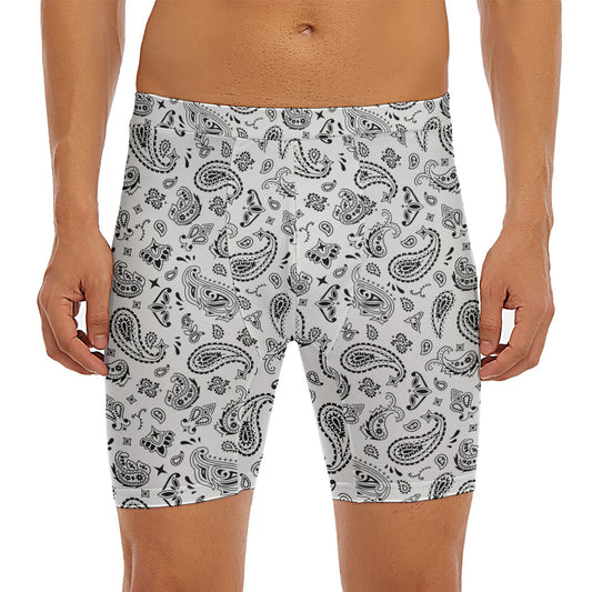 White Paisley Bandana Pattern Print Men's Long Boxer Briefs