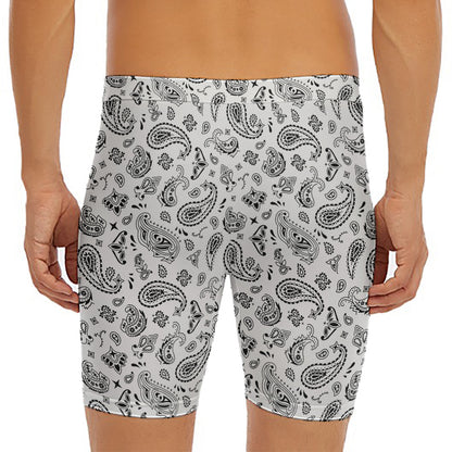 White Paisley Bandana Pattern Print Men's Long Boxer Briefs